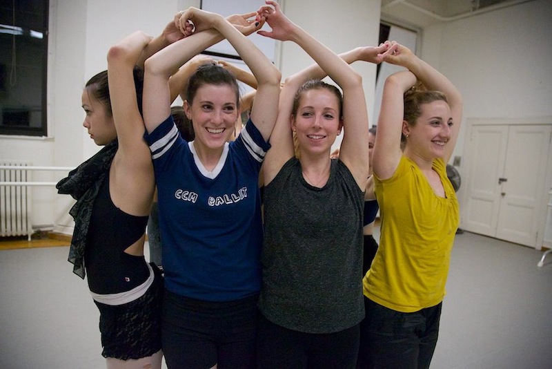 Claire Wampler (left) and Gretchen Schmid (right) in rehearsal for Caitlin DieckaAAAAAAAAAAs (center) piece Les Ballerines. Photo AAAAAA© Joe Ritter